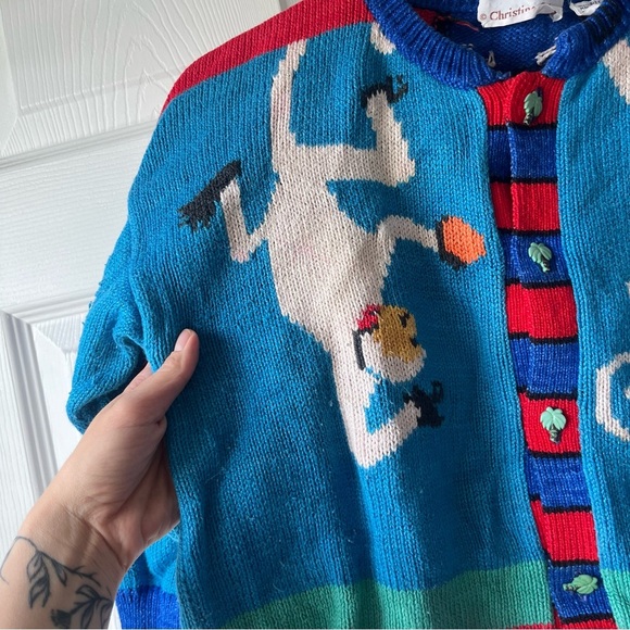 Christine Foley Vintage Multicolor Monkey Button Up Sweater Cardigan kids 8 - Picture 2 of 5
